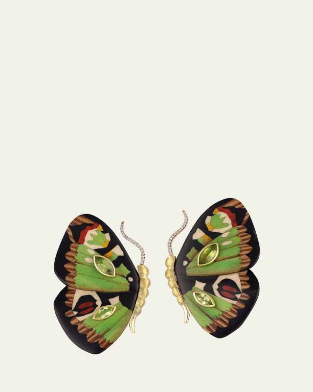 18K Yellow Gold Butterfly Wing Earrings with Green Pattern, Diamonds and Peridot